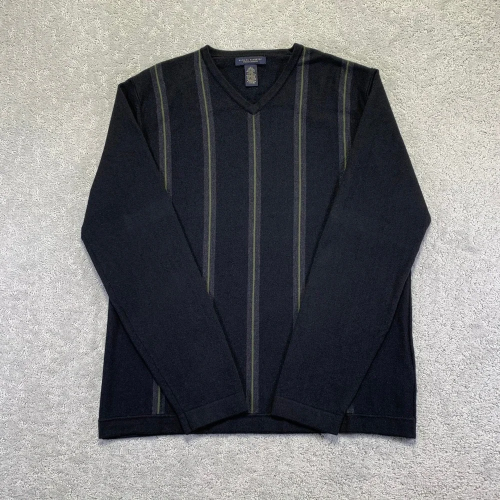 VINTAGE Banana Republic Sweater Mens L Black Striped‎ V-Neck Stretch Merino Wool